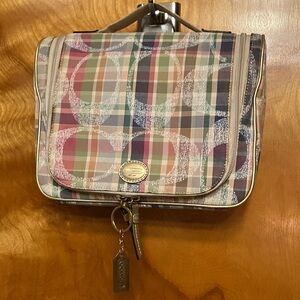 Coach Plaid Hanging Travel Cosmetic Bag with Pink and Green Accents.  EUC
